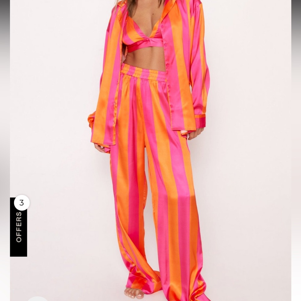 Recycled Satin Stripe 3pc Pajama Pants Set